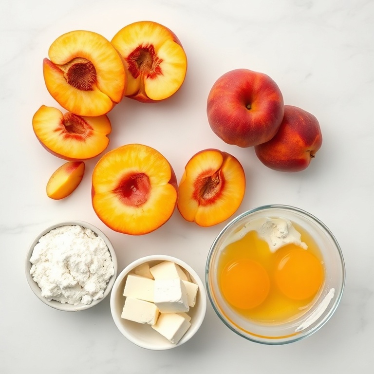 Ingredients for Peach Cobbler Cheesecake Bars laid out