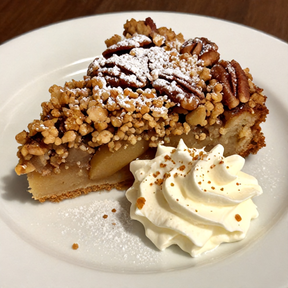 Pecan Apple Crisp Coffee Cake sliced on a plate