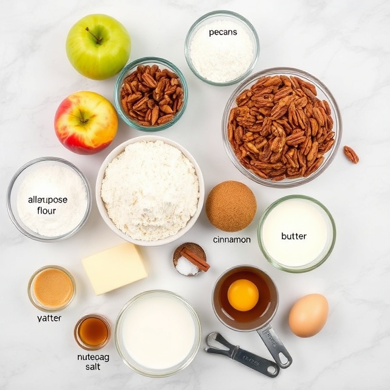 Ingredients for Pecan Apple Crisp Coffee Cake on a marble counter