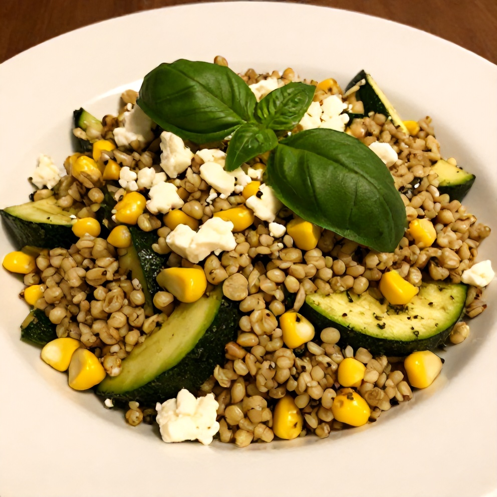 Pesto Zucchini Corn Quinoa Salad plated with a lemon wedge
