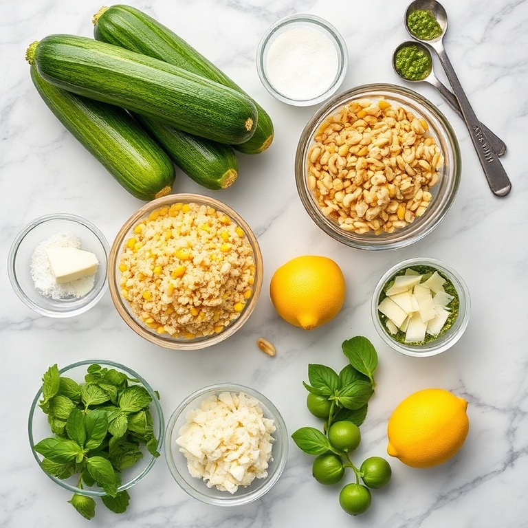 Raw ingredients for Pesto Zucchini Corn Quinoa Salad on a marble counter