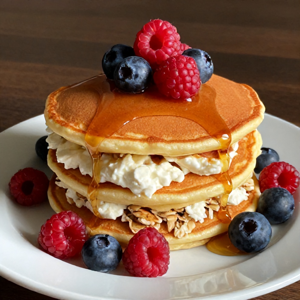 Stacked protein pancakes with cottage cheese and oats, ready to serve