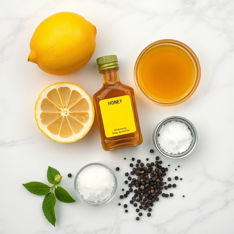 Lemon, olive oil, Dijon mustard, honey, salt, and pepper arranged on a wooden board