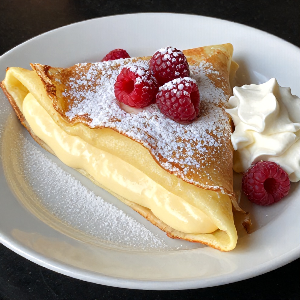Plated Raspberry Vanilla Cream Crepes