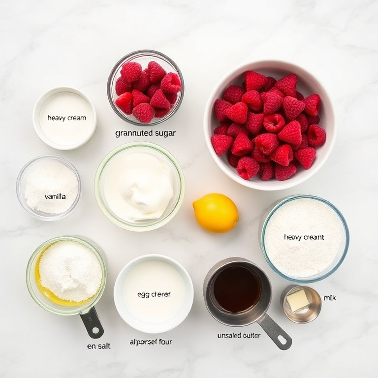 Raspberry, vanilla, cream, and other ingredients for crepes