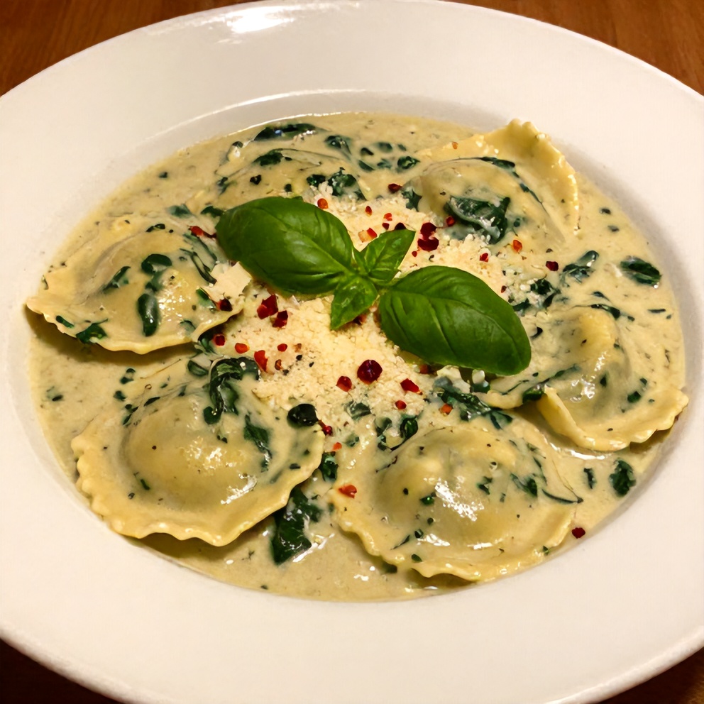 Bowl of creamy ravioli soup with spinach and Parmesan