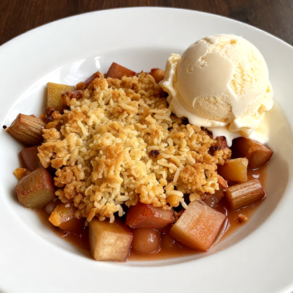 Perfectly baked rhubarb crisp with scoop of vanilla ice cream