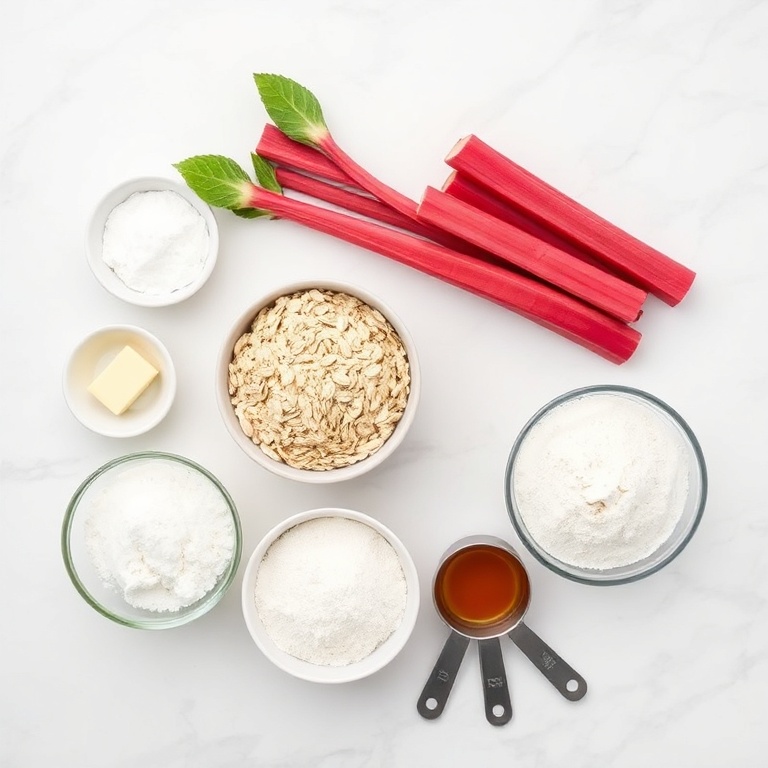 Rhubarb crisp ingredients: rhubarb, oats, sugar, flour, butter