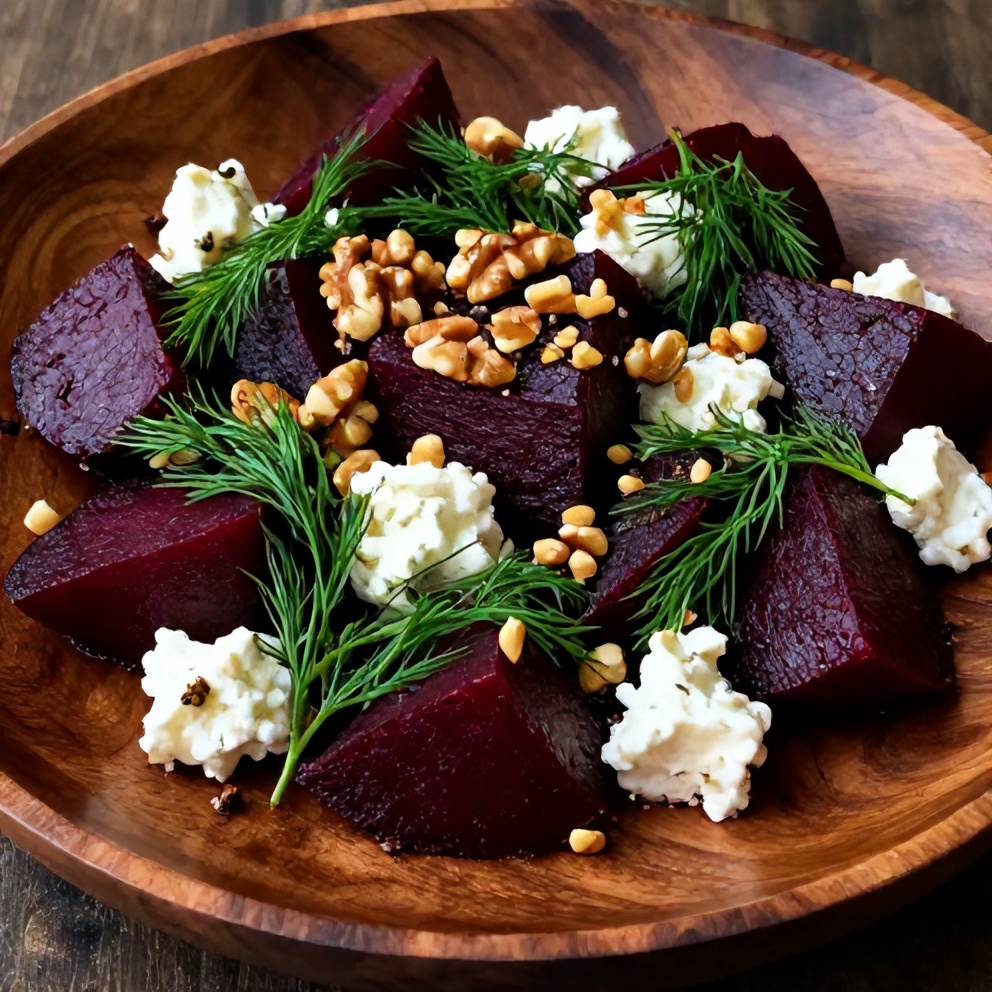 Plated roasted beet salad with feta and fresh dill