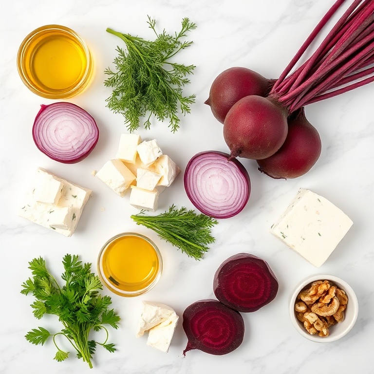 Raw ingredients for roasted beet salad with feta and fresh dill