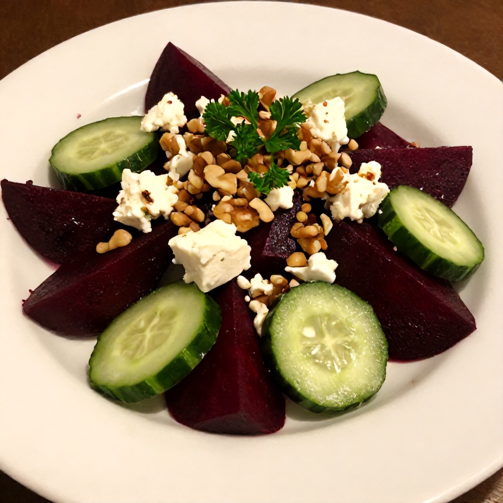Plated serving of roasted beet salad with feta and cucumber
