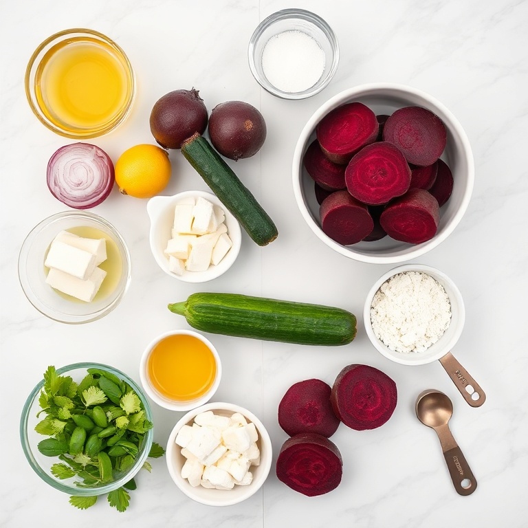 Raw ingredients for roasted beet salad with feta and cucumber
