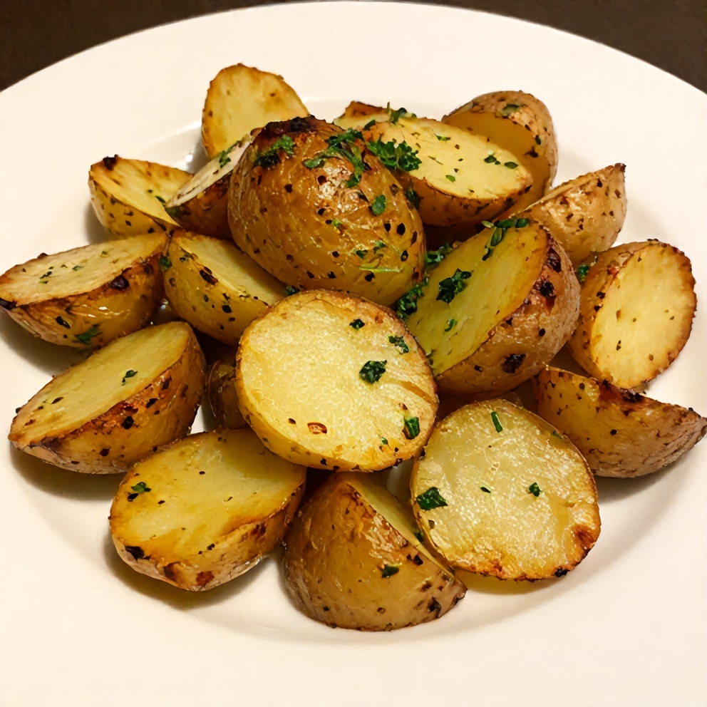 Plated roasted potato salad with fresh herbs