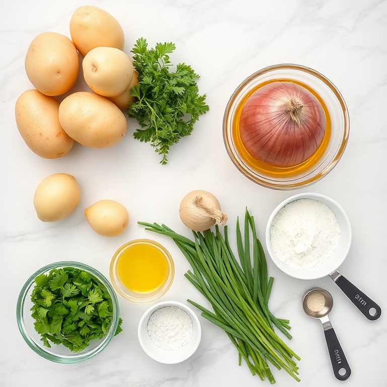 Raw ingredients for roasted potato salad on a wooden surface