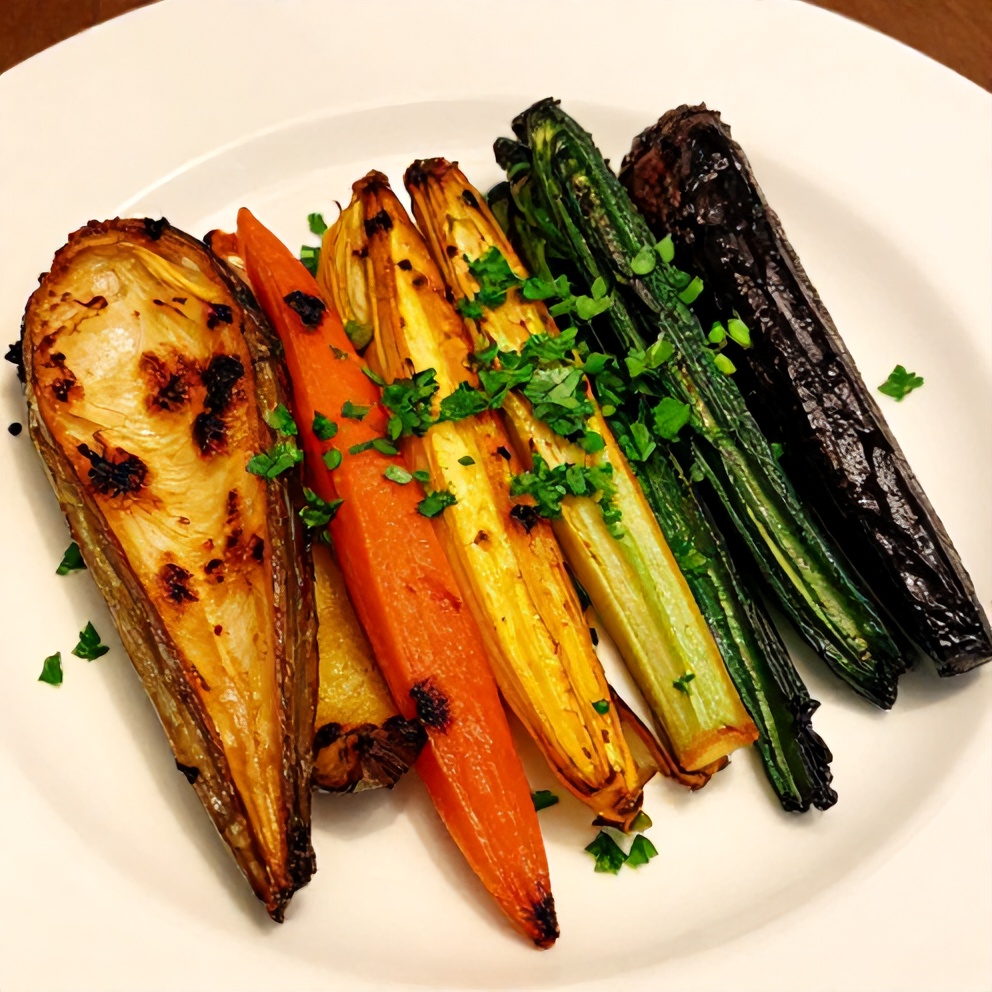 Plated serving of roasted rainbow vegetables