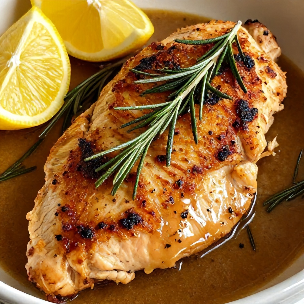 Plated Rosemary Dijon Chicken Breast with lemon wedges and fresh rosemary