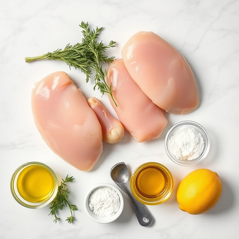 Rosemary, Dijon mustard, chicken breasts, garlic, olive oil, salt, pepper, and lemon arranged on a marble surface