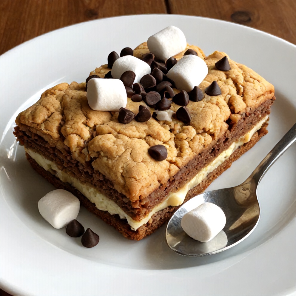 S'mores Cookie Cake on a plate with a spoon
