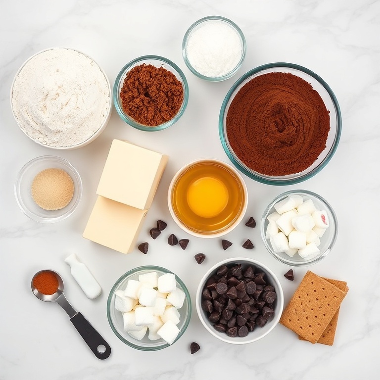 S'mores Cookie Cake ingredients on a marble counter