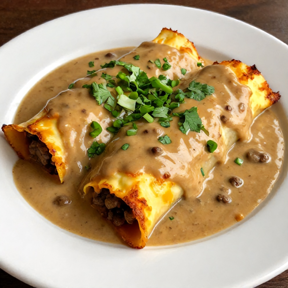 Plated Sausage Gravy Enchiladas with fresh cilantro and green onions