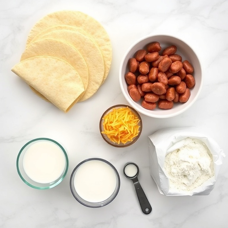 Raw ingredients for Sausage Gravy Enchiladas: tortillas, sausage, cheese, flour, milk