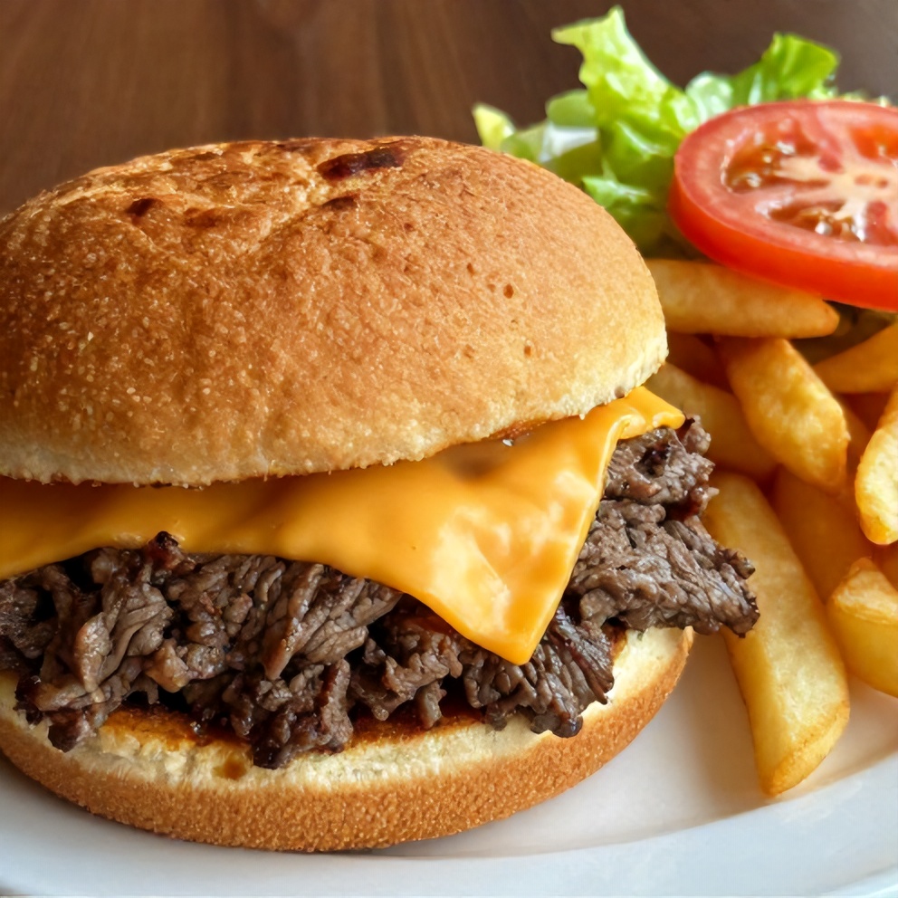 Plated beef and cheddar sandwiches with a side of fries