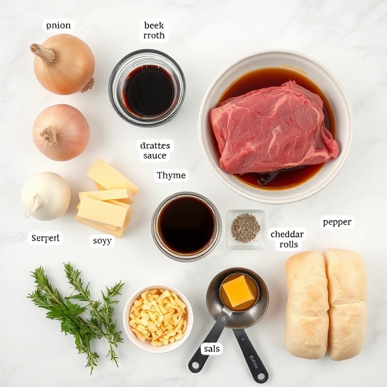 Overhead shot of ingredients for beef and cheddar sandwiches
