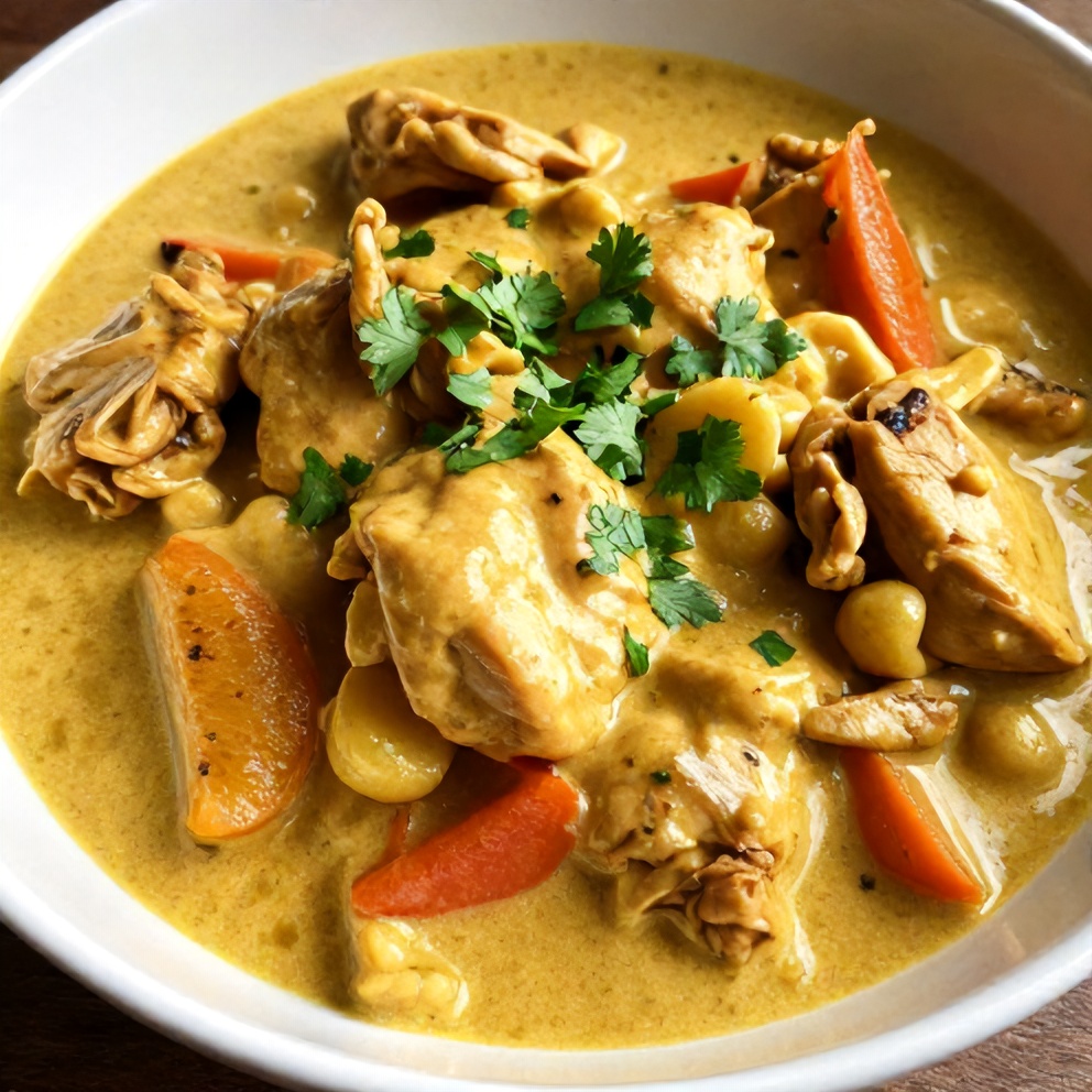 Plated serving of creamy Slow Cooker Chicken Curry with a sprinkle of fresh cilantro