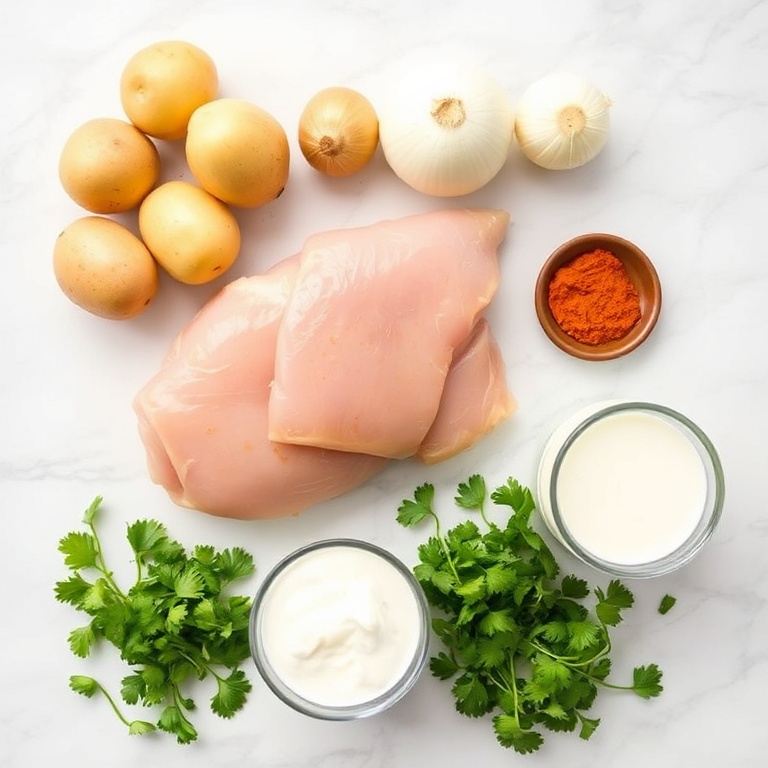 Raw ingredients for Slow Cooker Chicken Curry including chicken, potatoes, and curry powder arranged in a flat lay