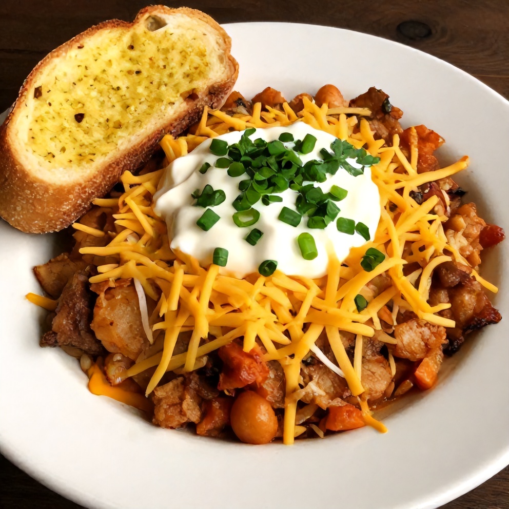Plated cowboy casserole with a side of garlic bread