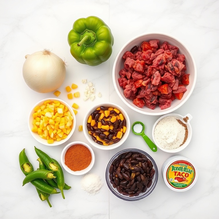 Ground beef, beans, corn, and seasonings laid out for easy cowboy casserole
