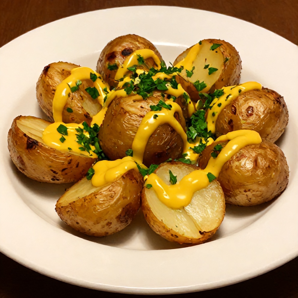 Plated smoked baby potatoes with beer mustard