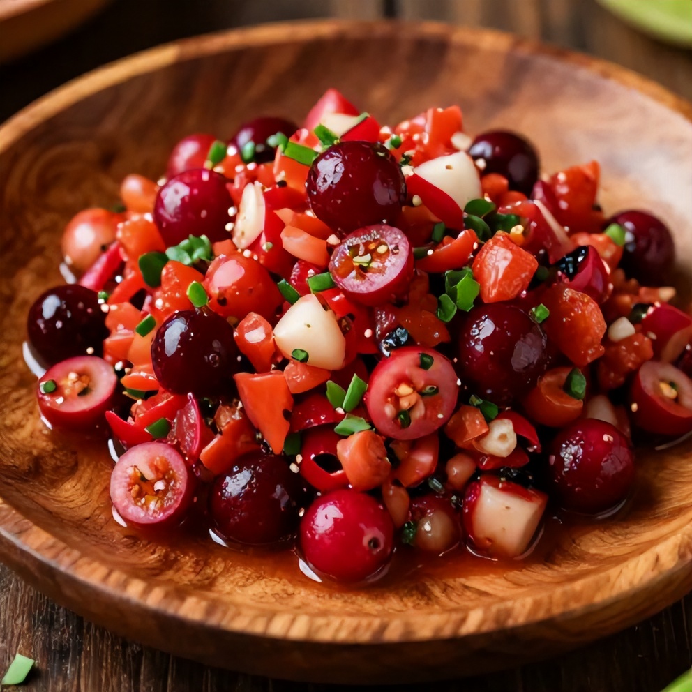 Spicy Cranberry Salsa served with tortilla chips on a rustic wooden table