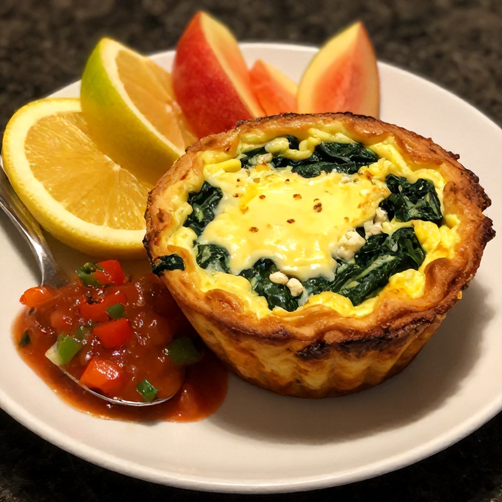 Plated spinach and feta egg muffins with a side of fresh fruit