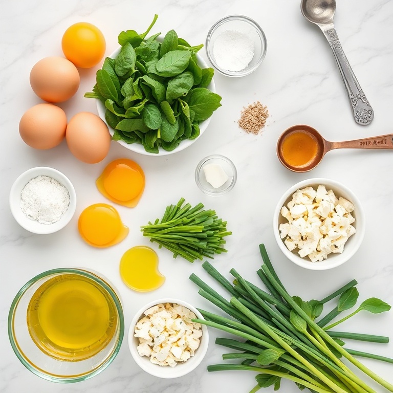Raw ingredients for spinach and feta egg muffins: eggs, spinach, feta, green onions, salt, pepper, olive oil