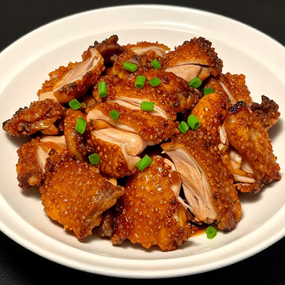 Plated Easy Sticky Char Siu Chicken with green onions