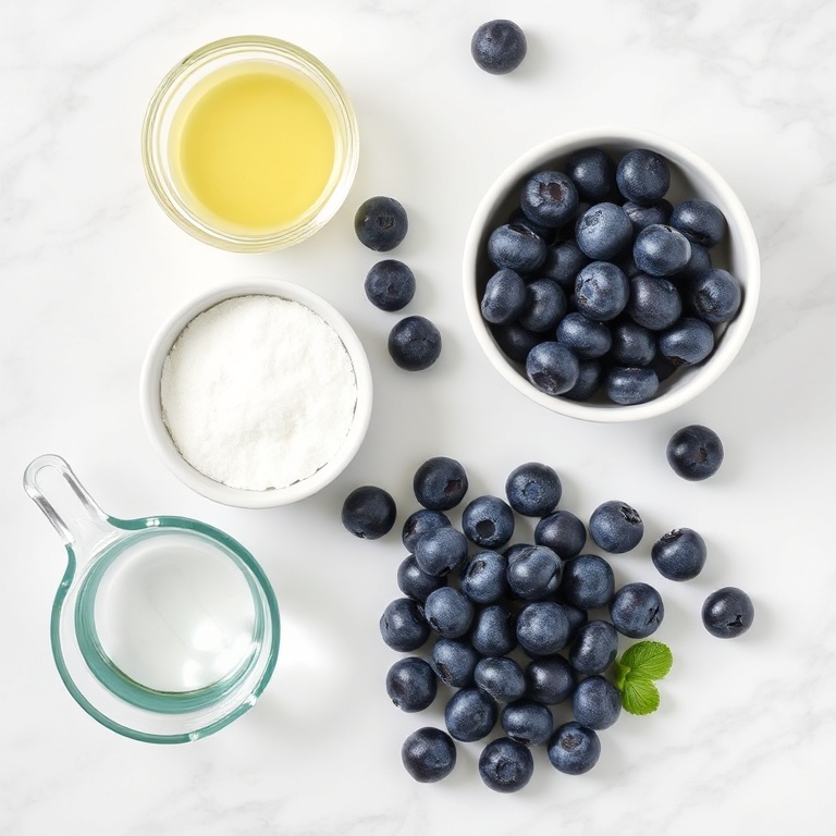 Blueberries, sugar substitute, water, and lemon juice laid out on a white marble countertop
