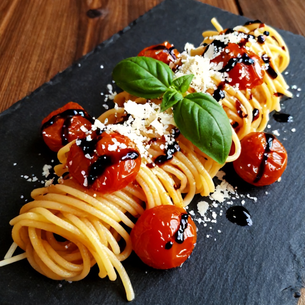 Easy Summer Pasta with Roasted Cherry Tomatoes and Basil plated