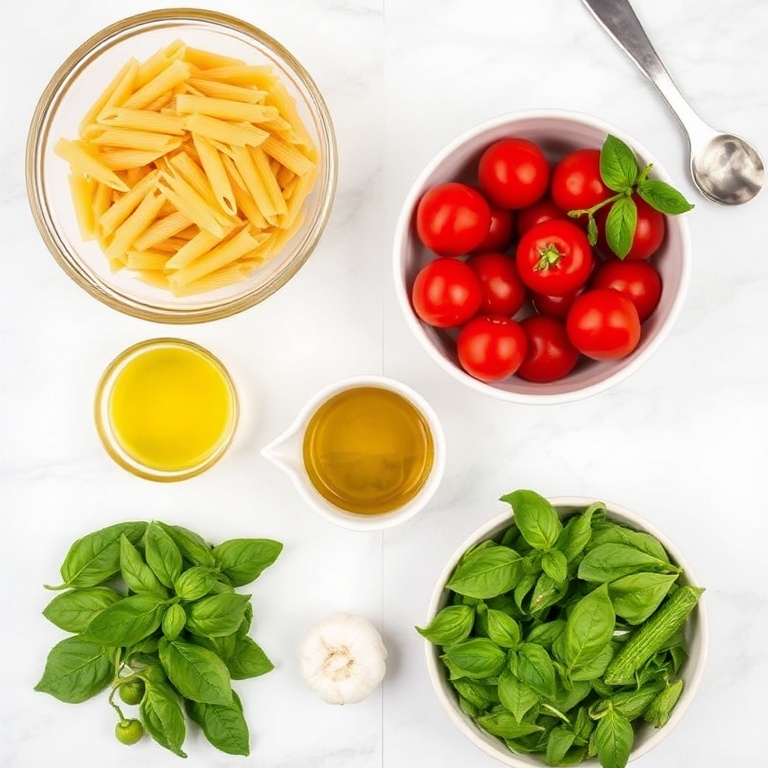 Raw ingredients for Easy Summer Pasta with Roasted Cherry Tomatoes and Basil