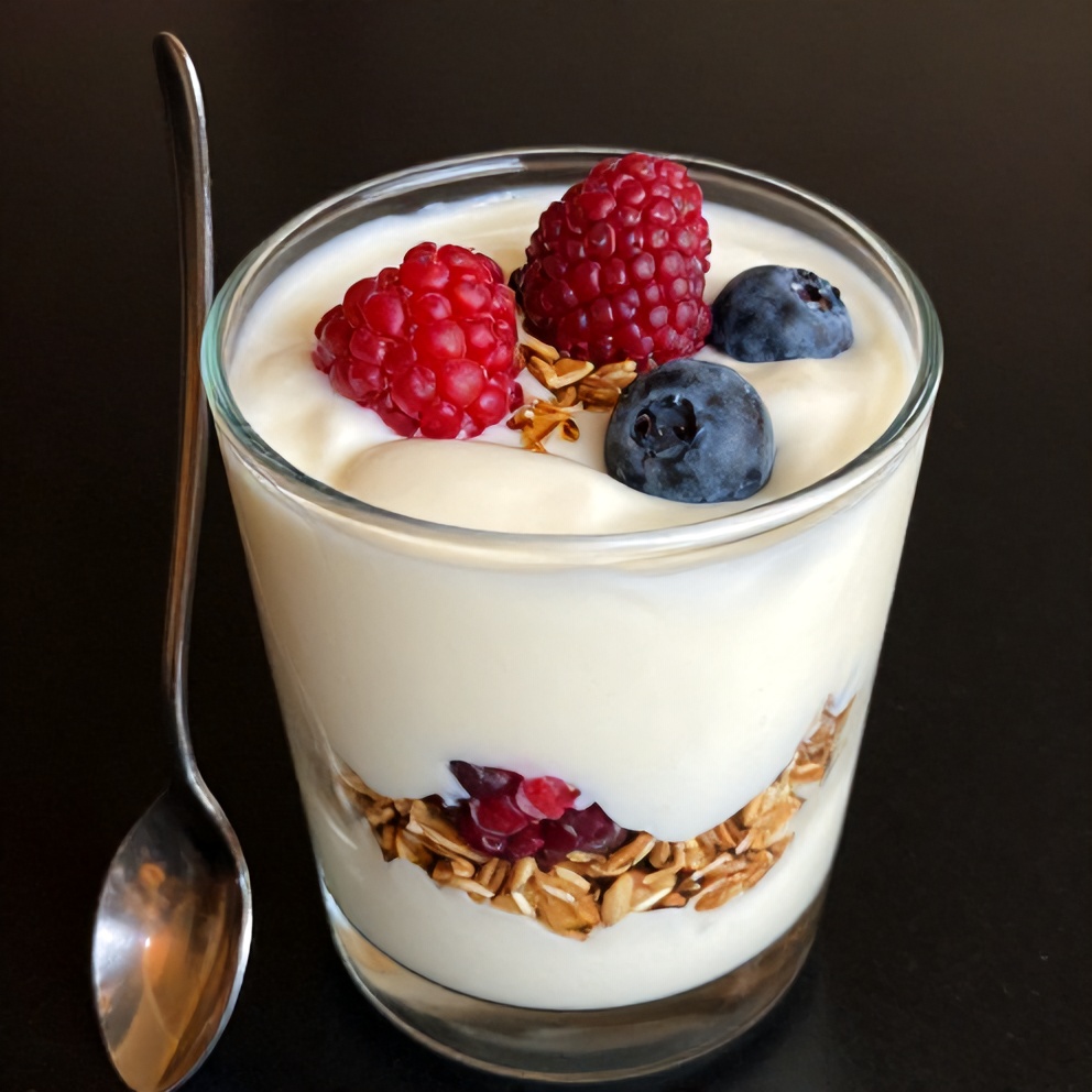 Finished summer yogurt parfait with fresh berries
