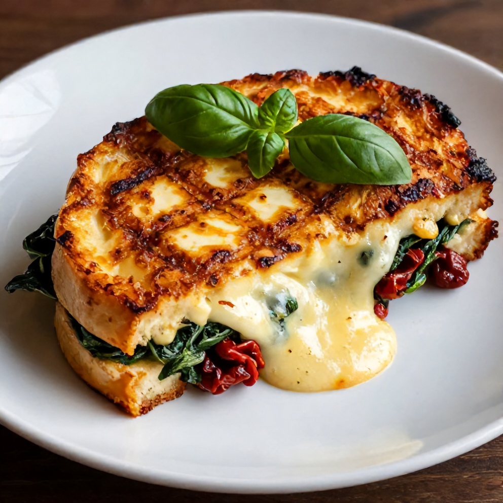 Plated sun-dried tomato spinach grilled cheese sandwich