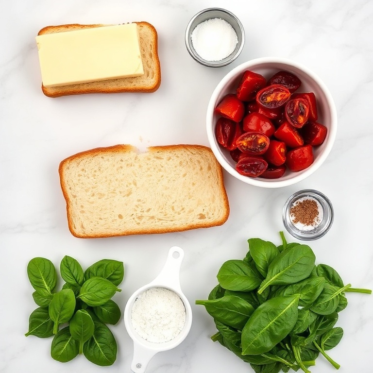 Raw ingredients for sun-dried tomato spinach grilled cheese