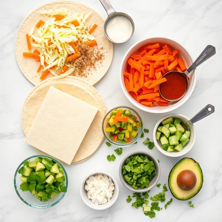 Raw ingredients for Sweet Chili Halloumi Wraps on a marble surface