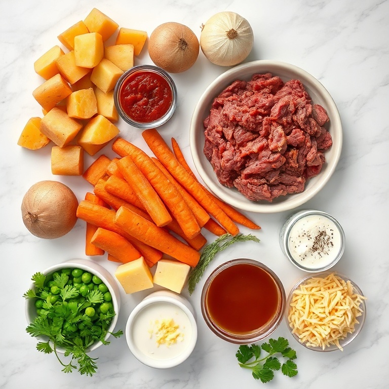 Sweet Potato Shepherd's Pie ingredients on a marble counter