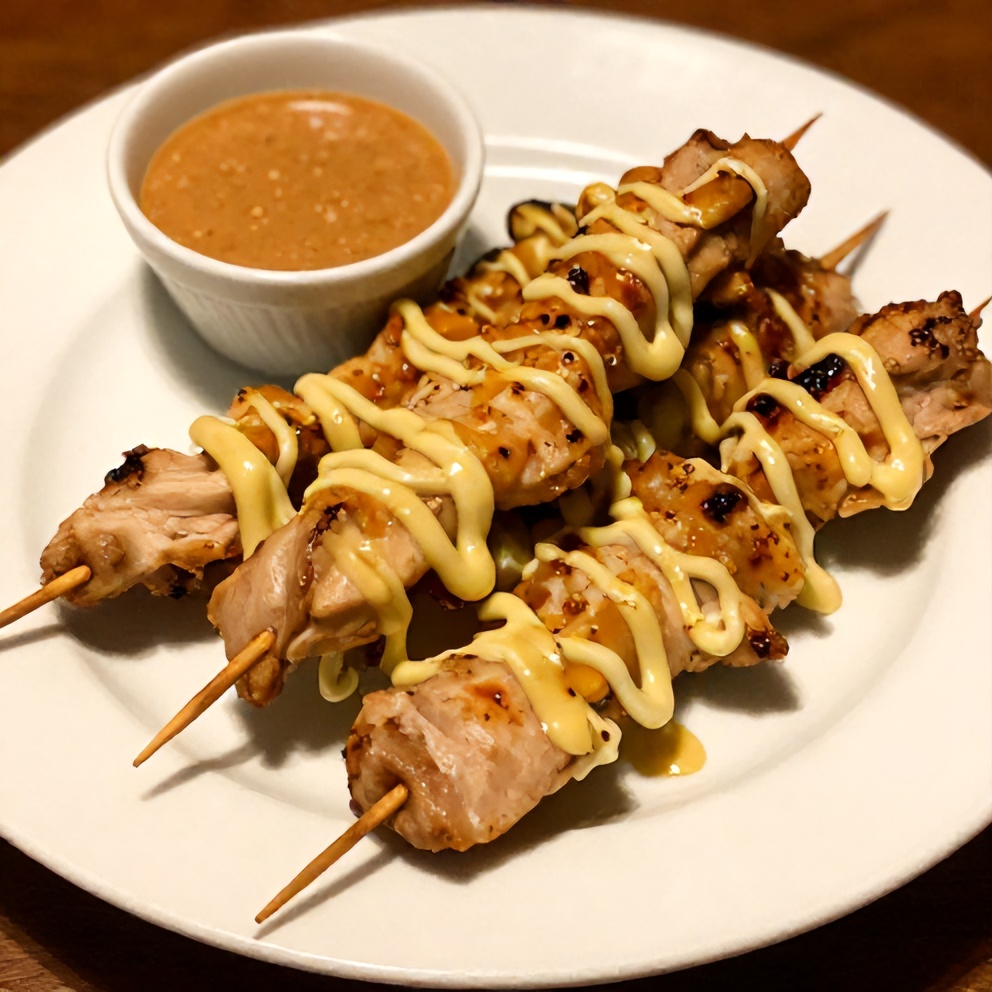 Plated Vietnamese Lemongrass Chicken Skewers with peanut sauce drizzled on top