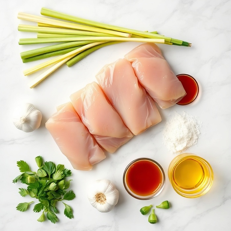 Raw ingredients for Vietnamese Lemongrass Chicken Skewers including chicken, lemongrass, garlic, and fish sauce