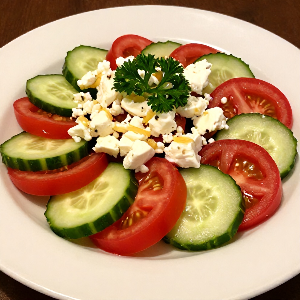 Plated serving of fresh cucumber tomato feta salad