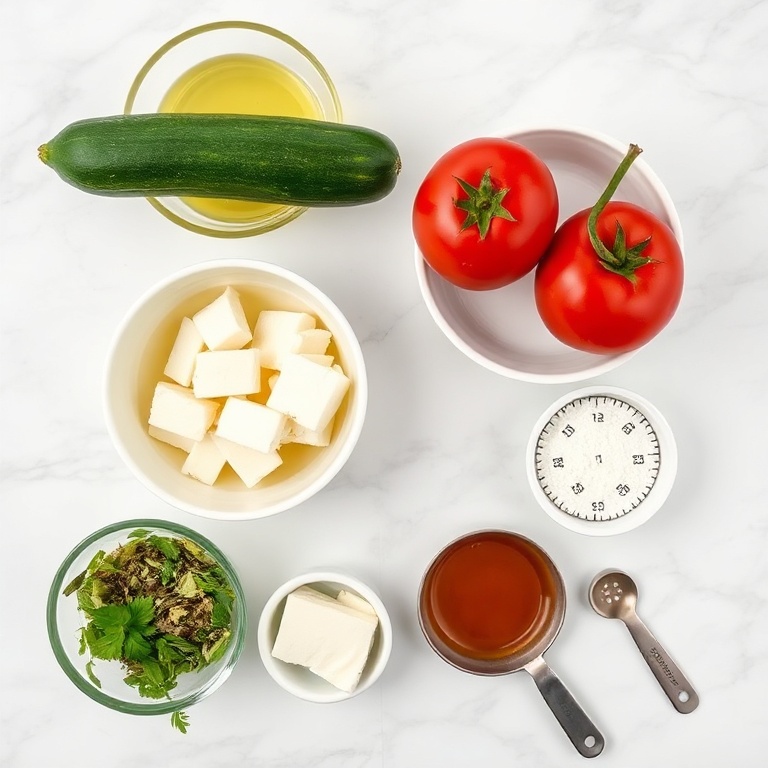 Raw ingredients for cucumber tomato feta salad on a marble surface