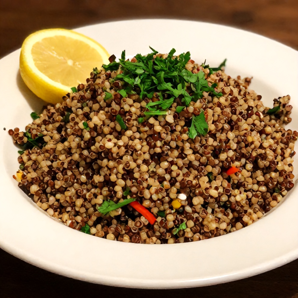 Quinoa Tabbouleh Salad with lemon dressing, served on a plate
