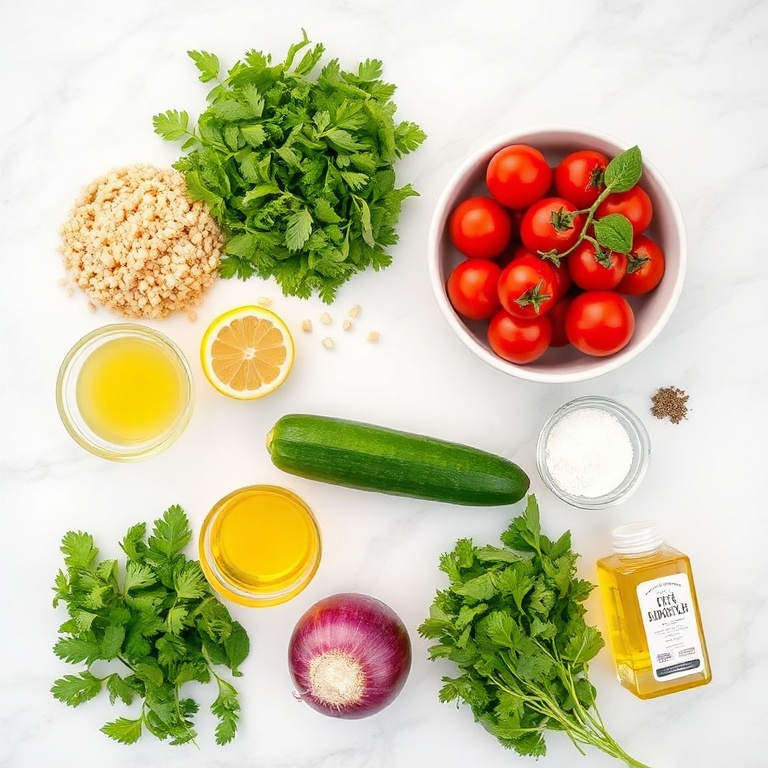 Quinoa, cucumber, tomatoes, parsley, and mint on a wooden board